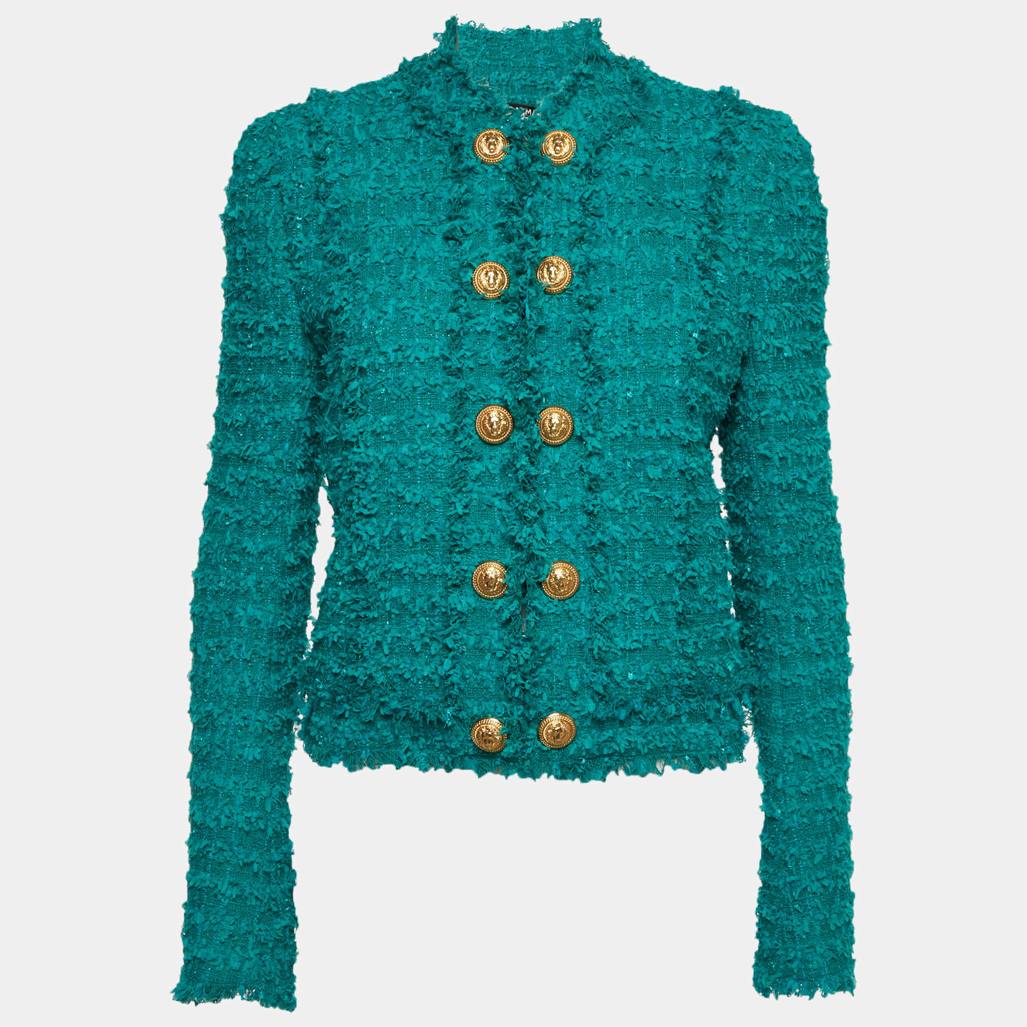 Pre Owned Balmain Teal Button Embellished Tweed Jacket M