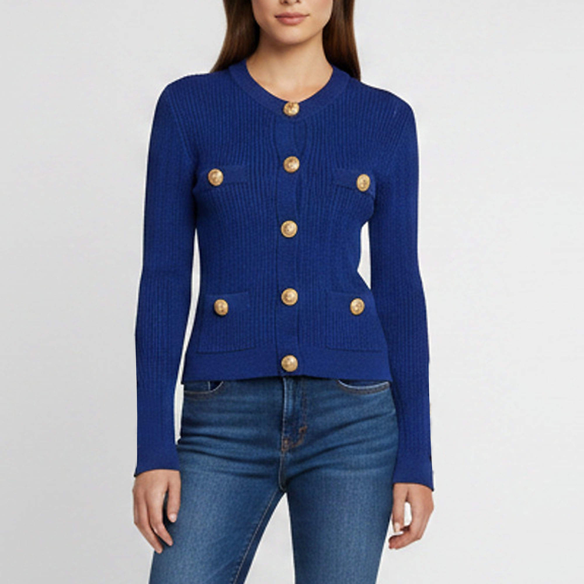 مملوكة مسبقًا  Balmain Royal Blue Pointelle Rib Knit Cardigan S  