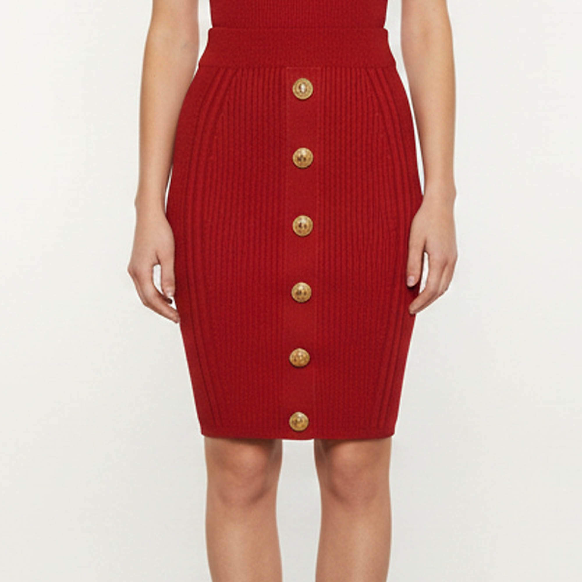 Pre Owned Balmain Red Rib Knit Embellished Short Skirt S