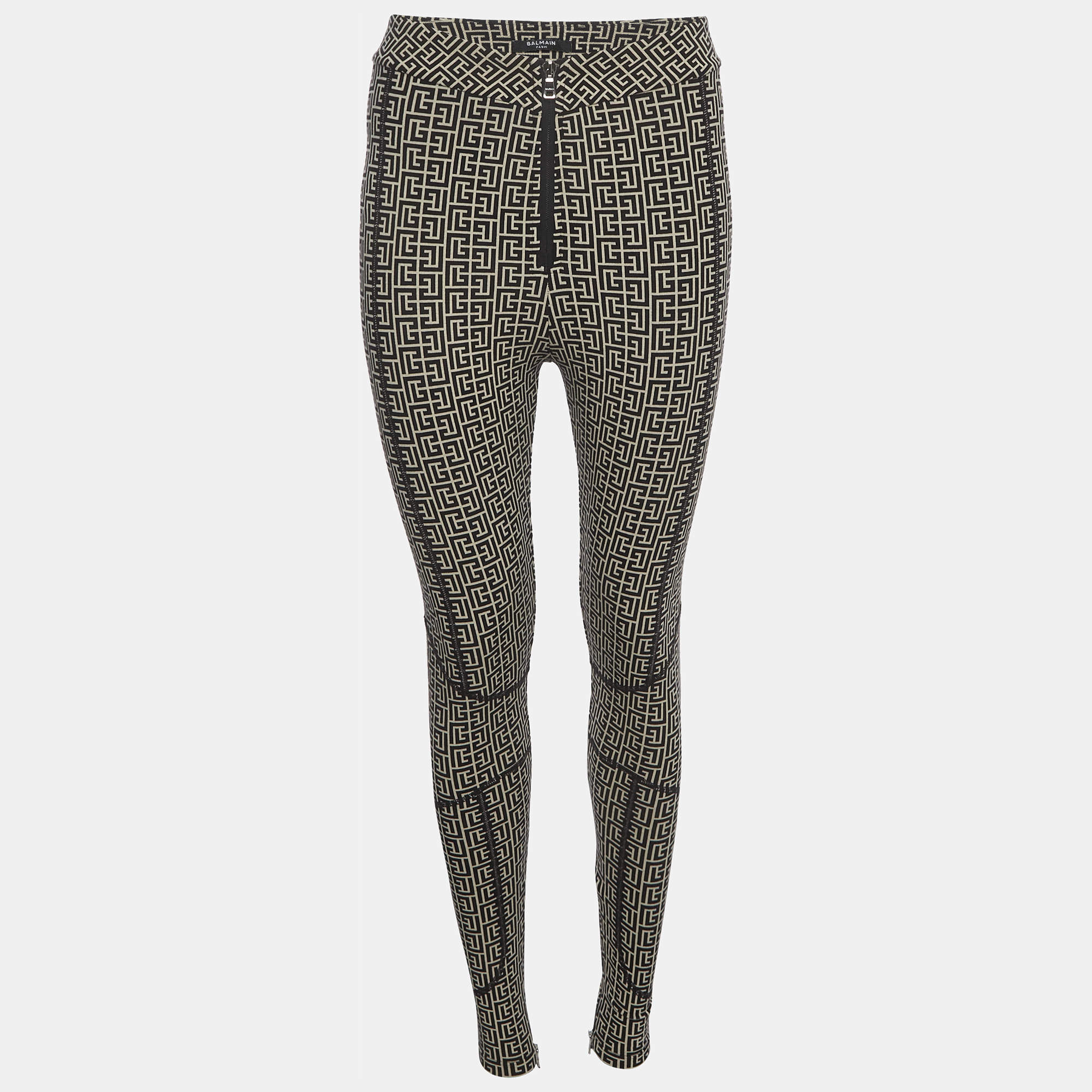 مملوكة مسبقًا Balmain Black Monogram Jacquard Stretch Knit Leggings S