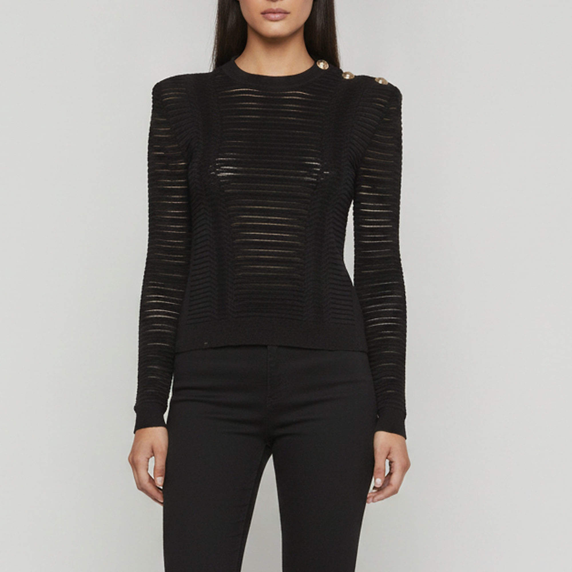 Pre Owned Balmain Black Rib Knit Semi Sheer Exaggerated Shoulder Jumper M 