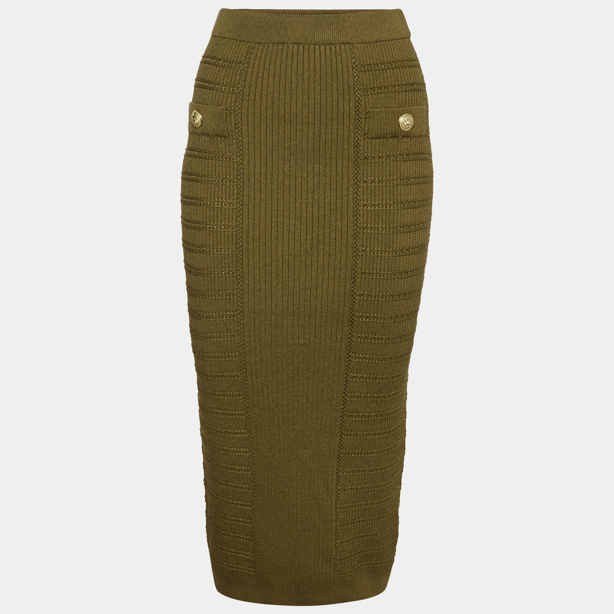Pre Owned Balmain Green Rib Knit Button Embellished Pencil Skirt XL