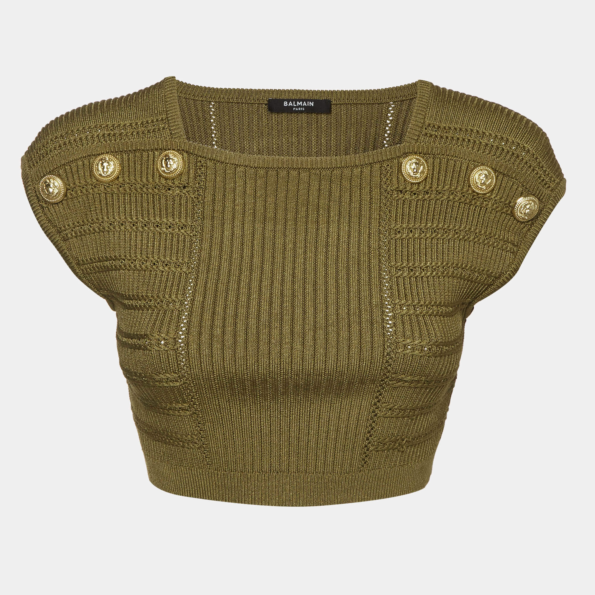 Pre Owned Balmain Green Knit Sleeveless Crop Top S