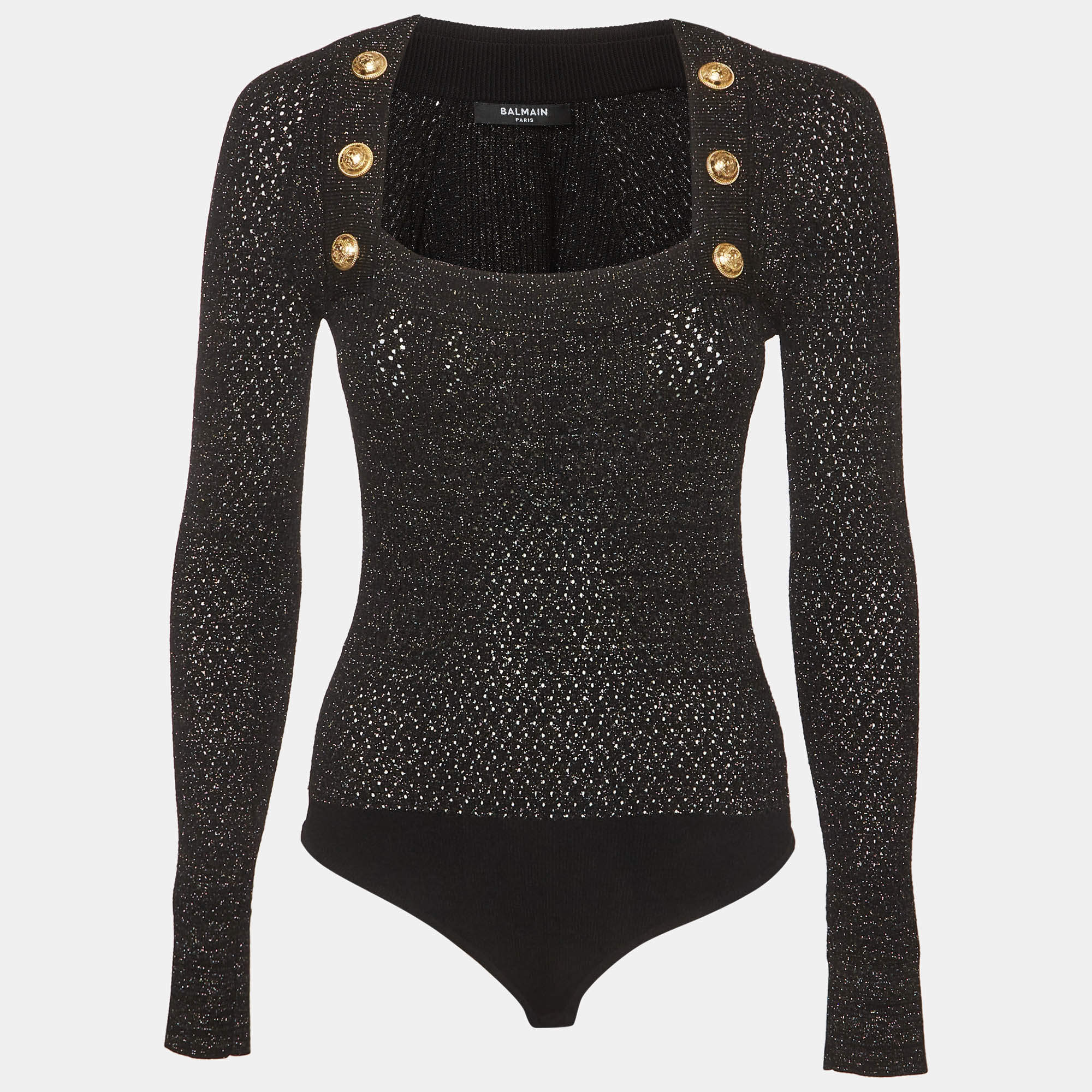 Pre Owned Balmain Black Lurex Rib Knit Button Embellished Long Sleeve Bodysuit Top S