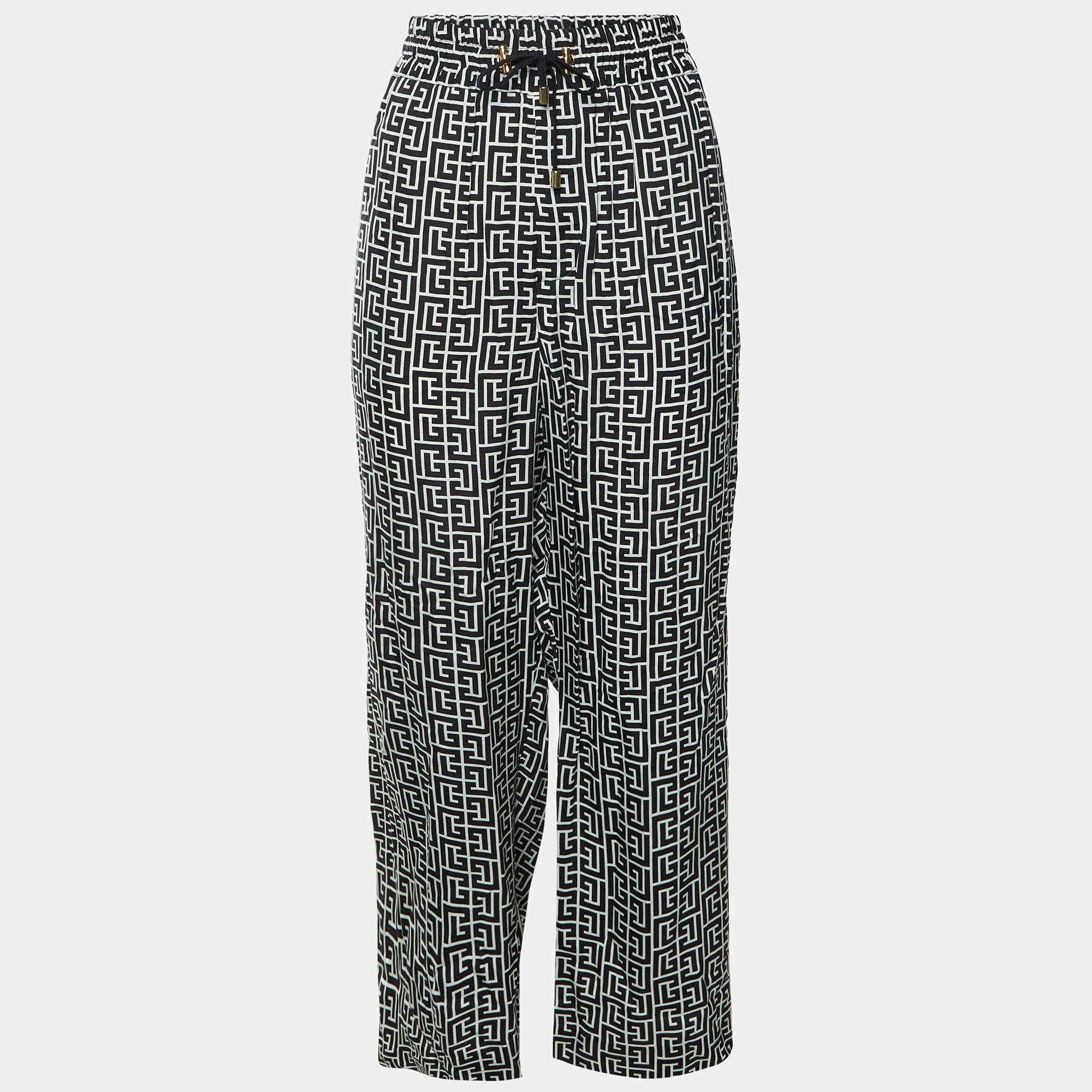 Pre Owned Balmain Black Monogram Print Cupro Wide Leg Pants L