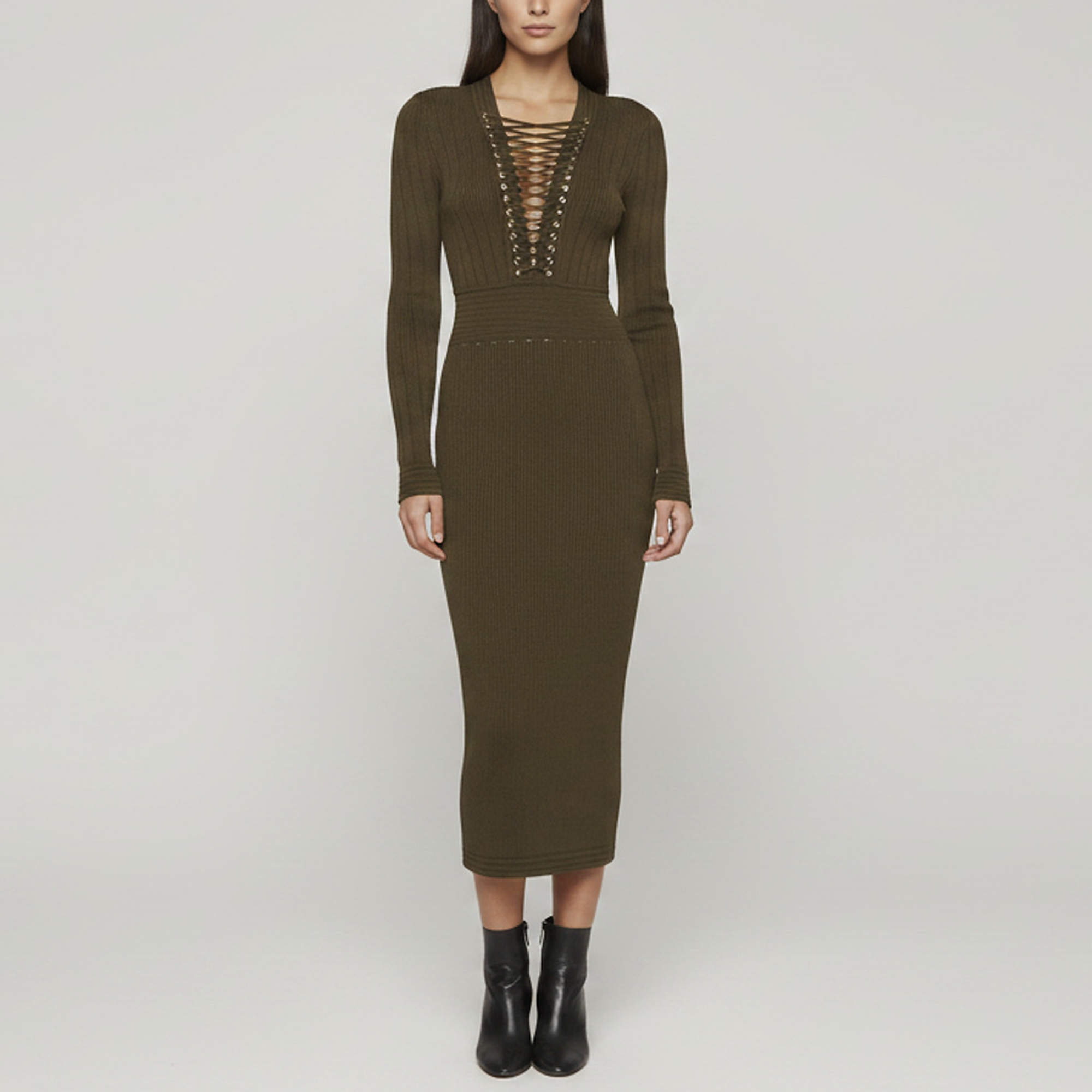 Pre Owned Balmain Green Rib Knit Lace Up Neckline Detail Midi Dress S