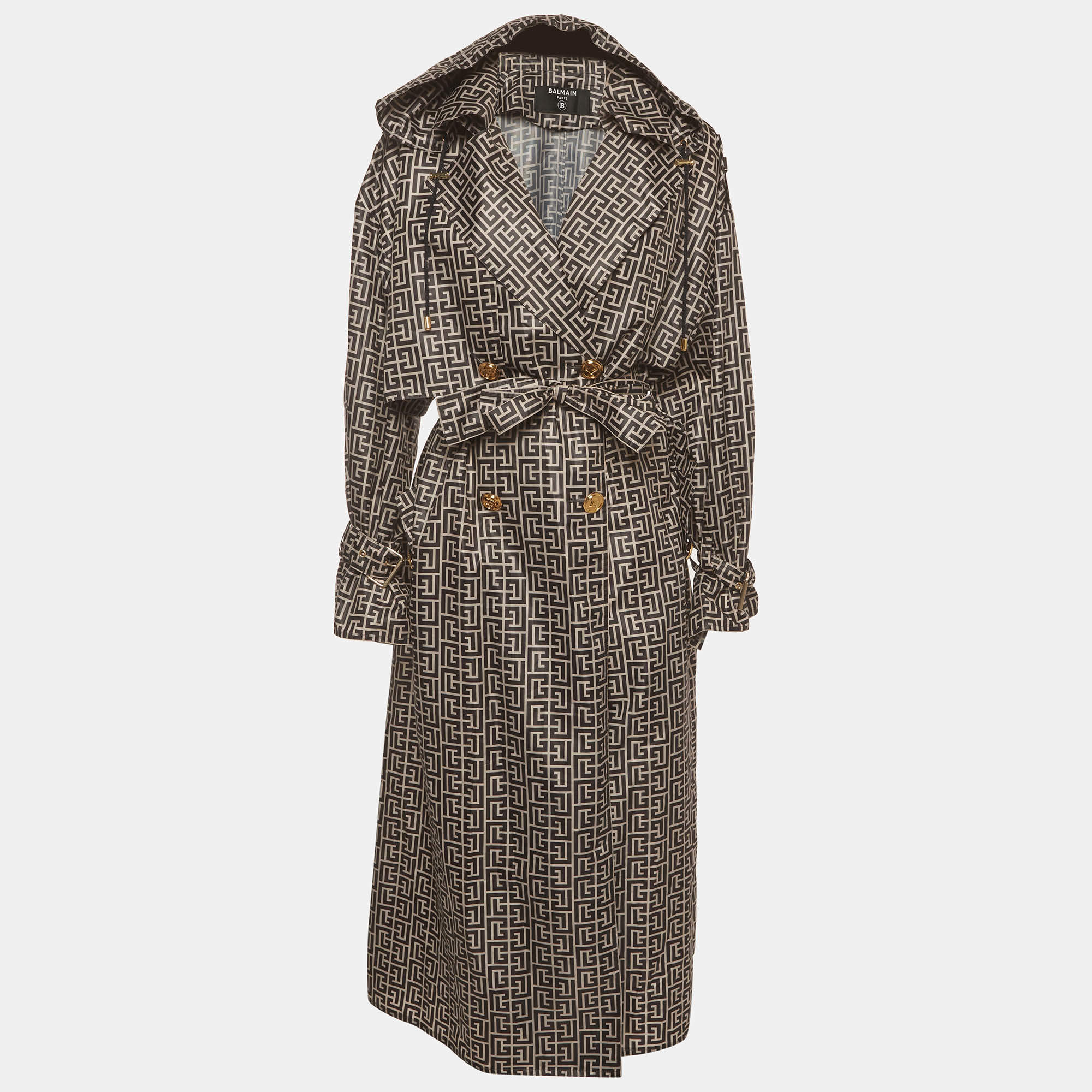 Pre Owned Balmain Beige/Black Monogram Print Synthetic Hooded Trench Coat XS