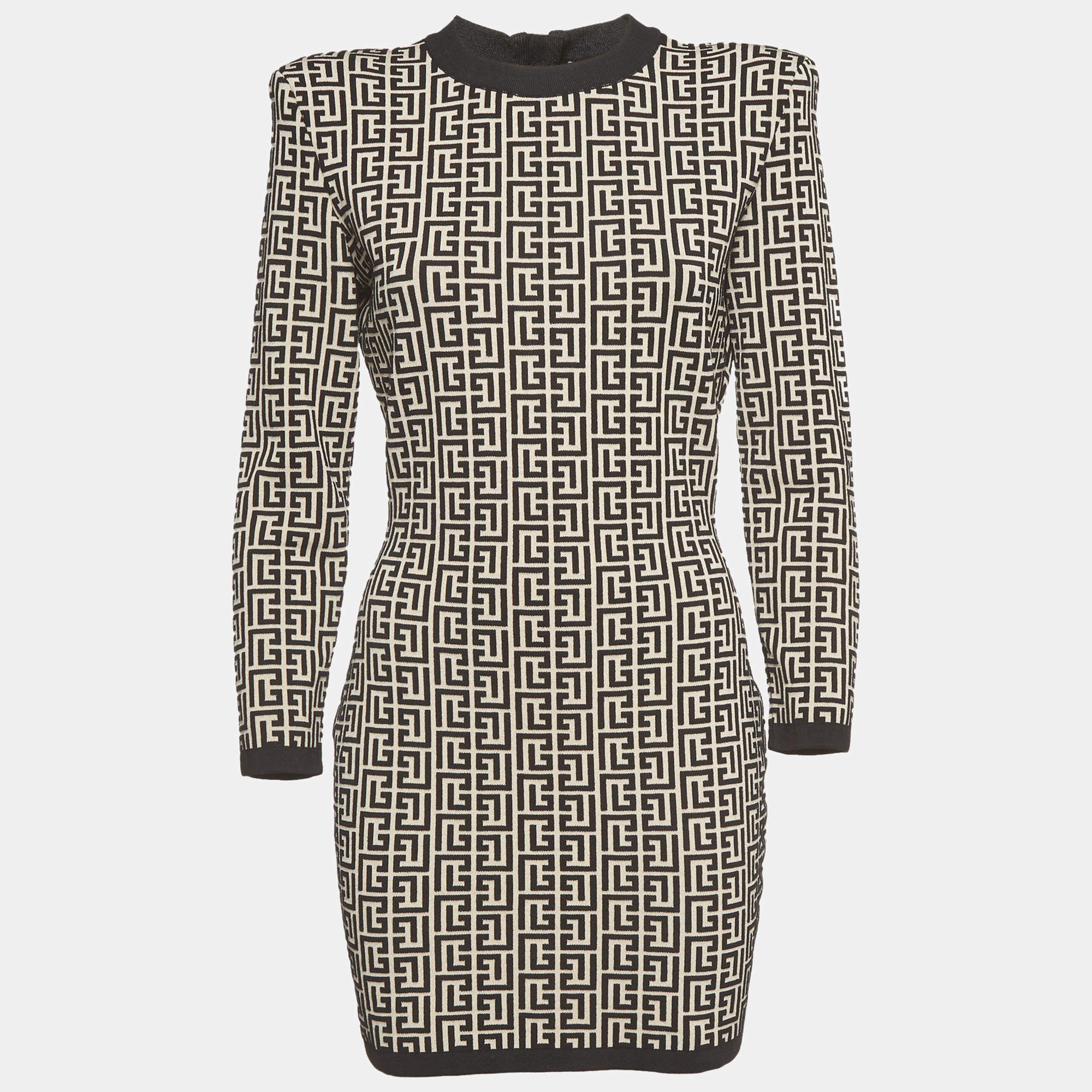 Pre Owned Balmain Beige/Black Monogram Jacquard Knit Mini Dress L
