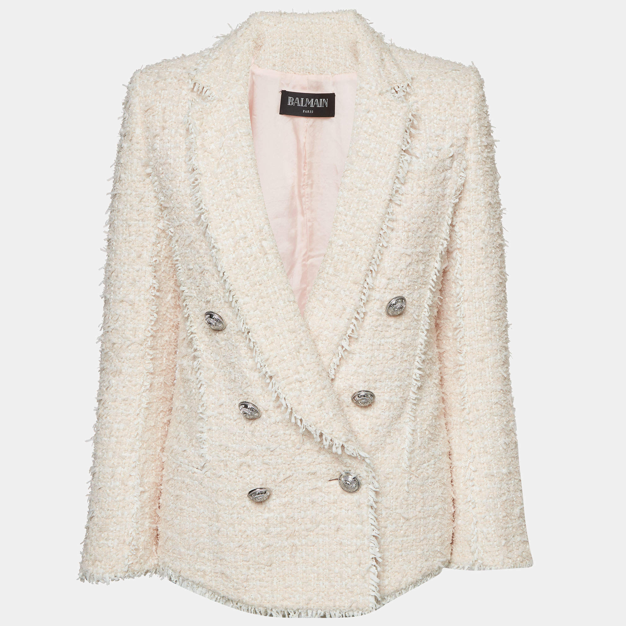 Pre Owned Balmain Pink Tweed Double-Breasted Blazer S