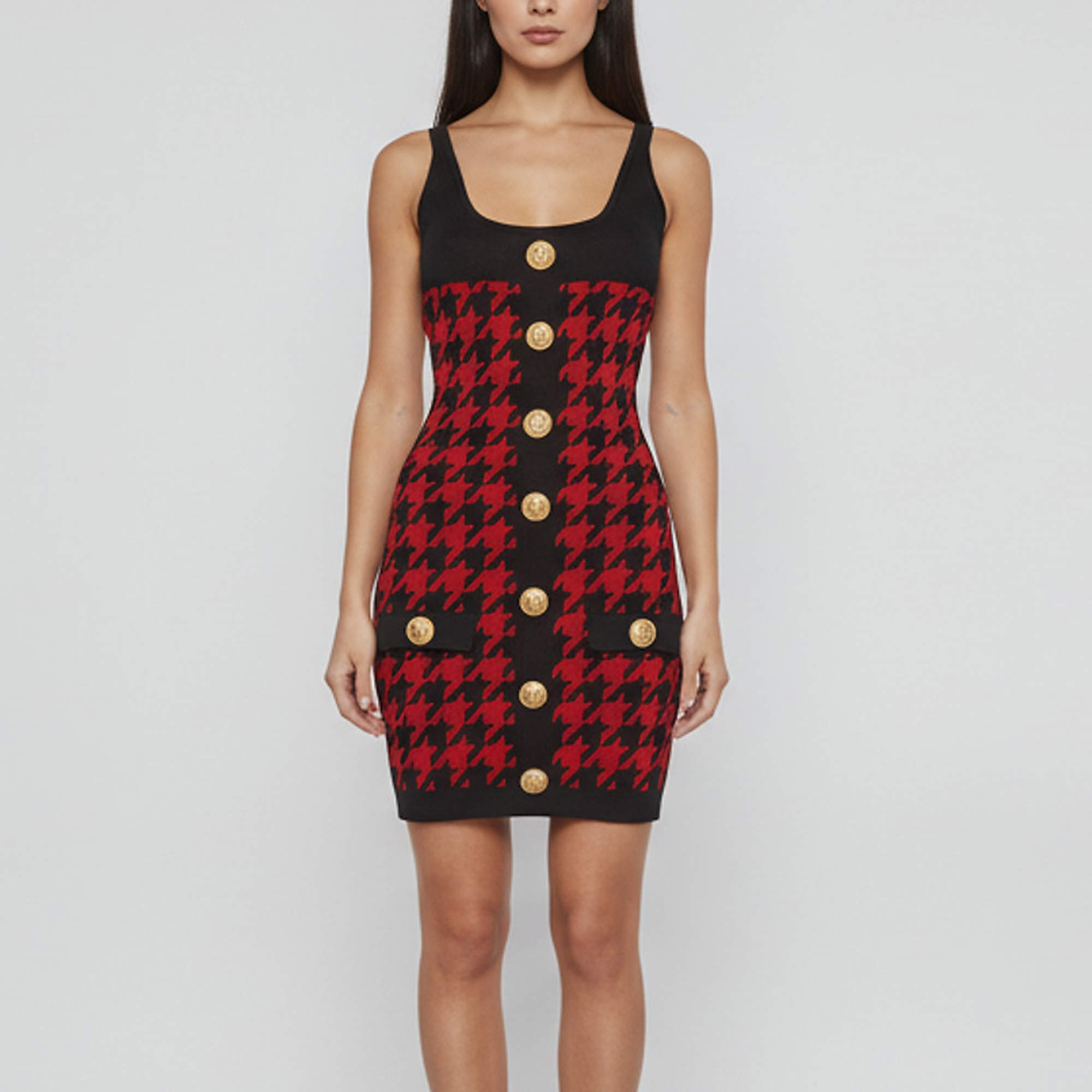 Pre Owned Balmain Red/Black Houndstooth Jacquard Knit Scoop Neck Mini Dress XS