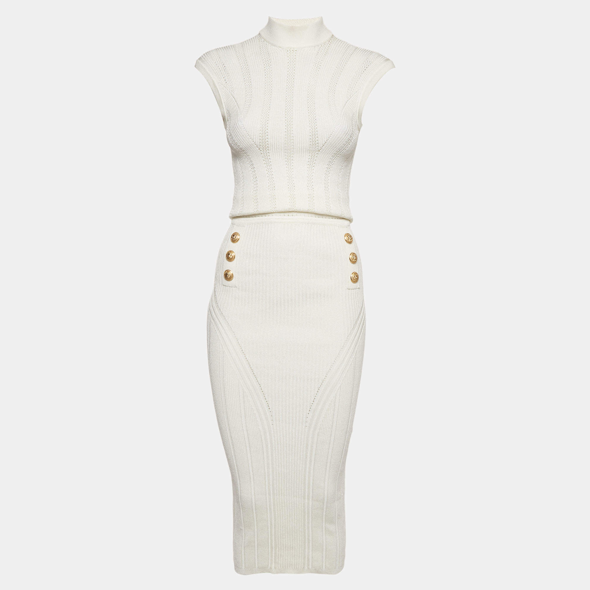 Pre Owned Balmain White Rib Knit Button Embellished Backless Midi Dress S
