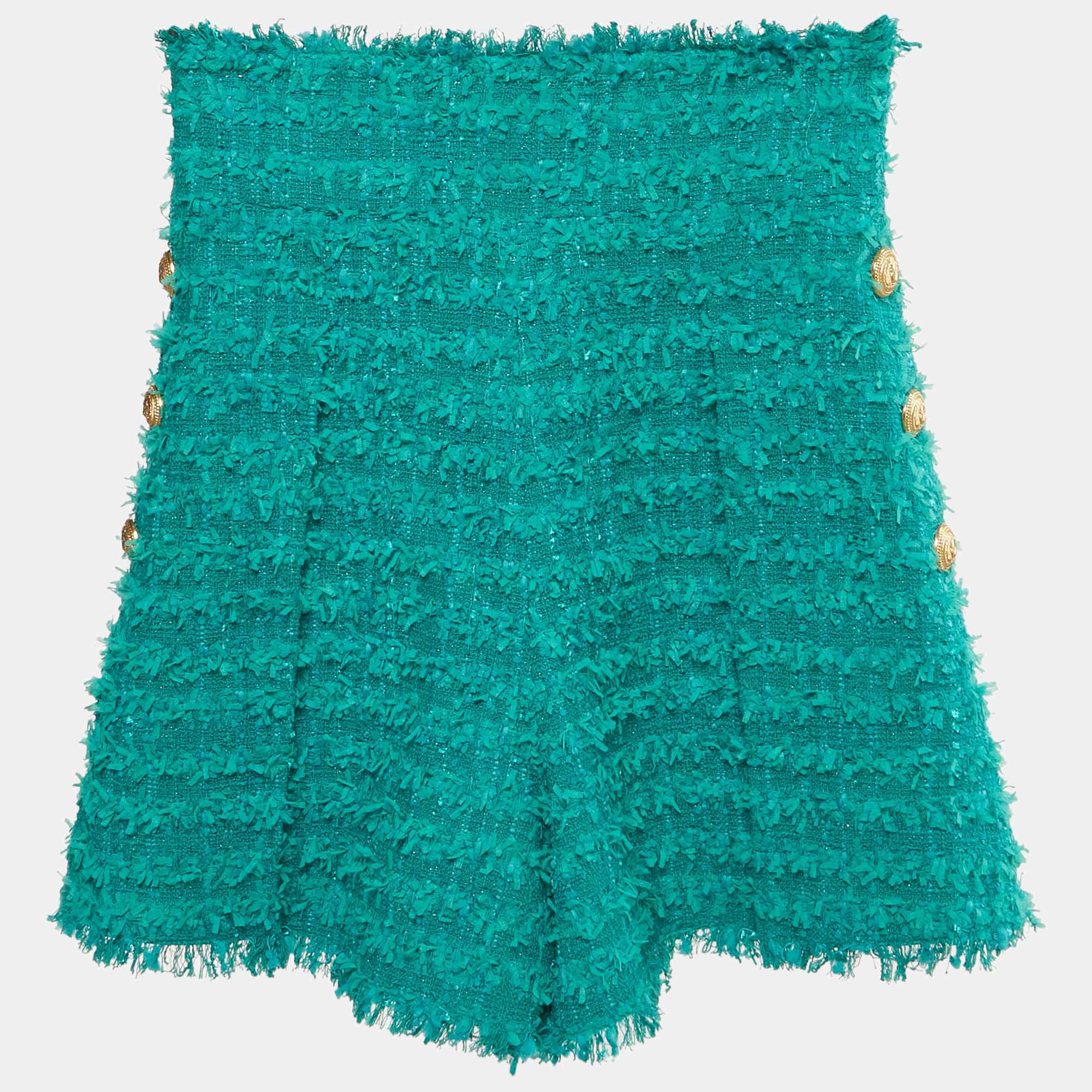 Pre Owned Balmain Green Tweed High Waist Pleated Shorts S
