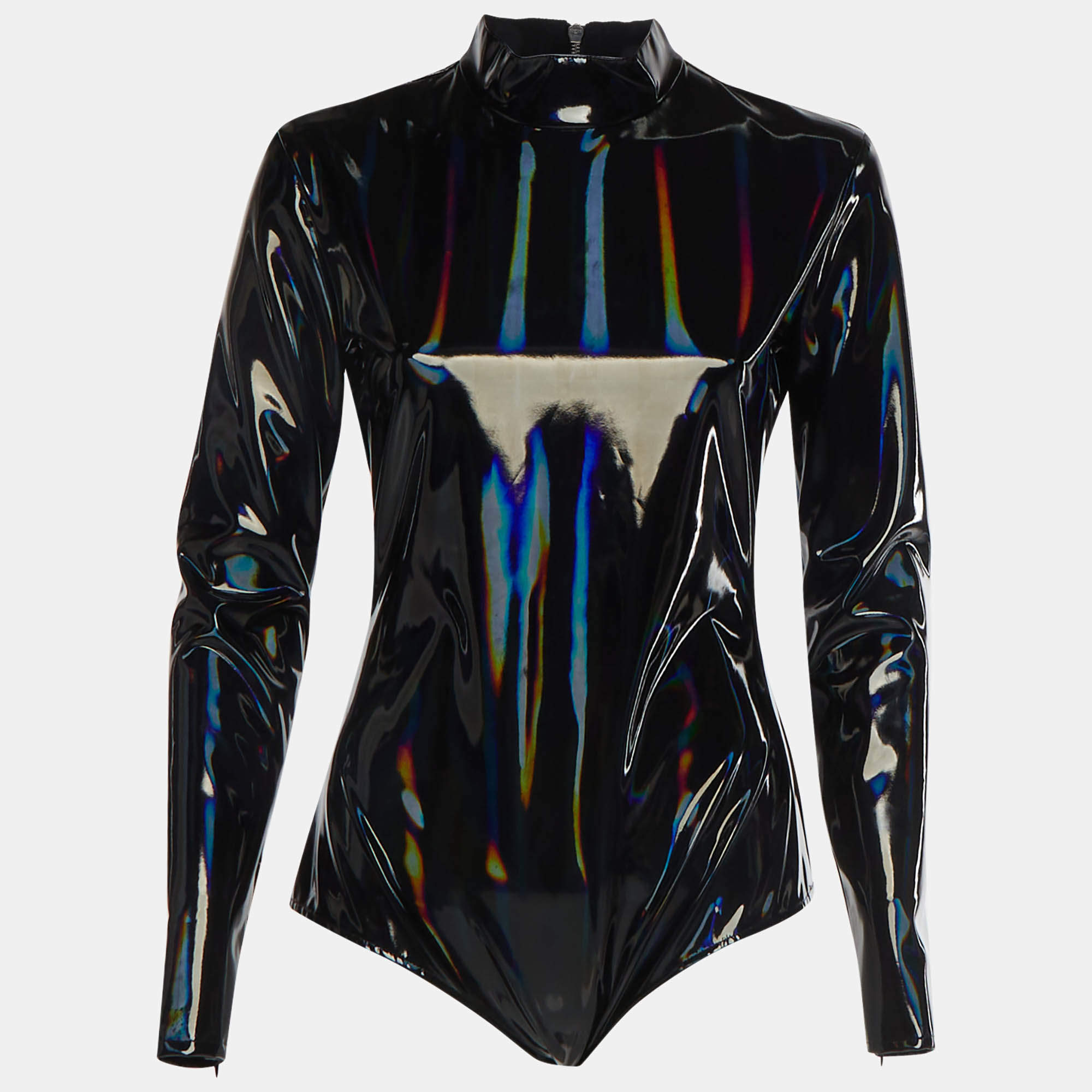 Pre Owned Balmain Black Iridescent Vinyl Bodysuit Top M