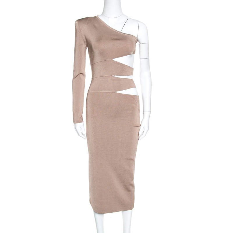 Pre Owned Balmain Beige Knit One Shoulder Cutout Fitted Dress M