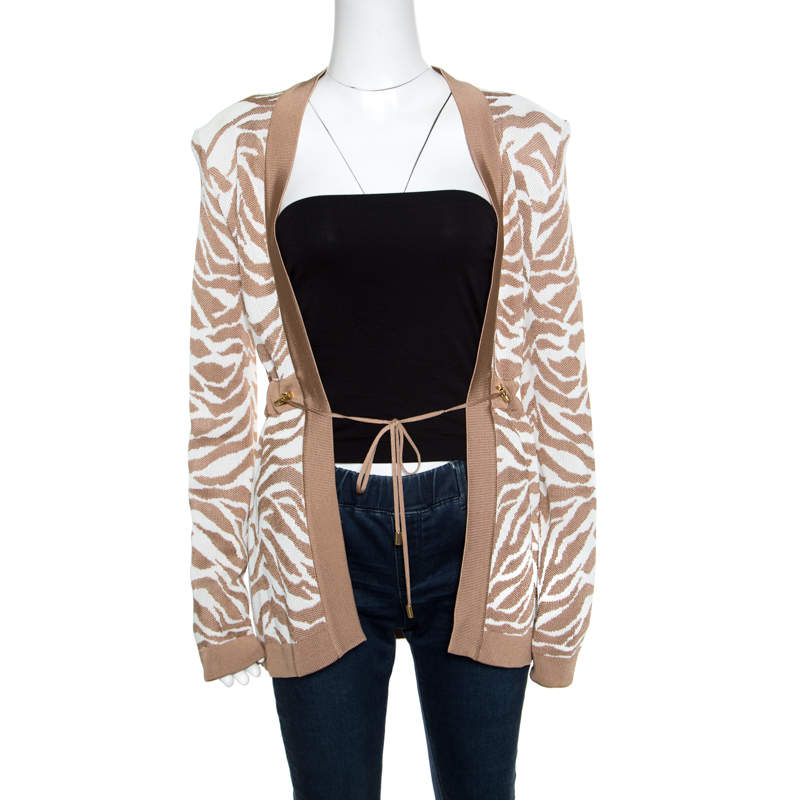 Pre Owned Balmain Brown and White Zebra Pattern Jacquard Knit Drawstring Detail Jacket S