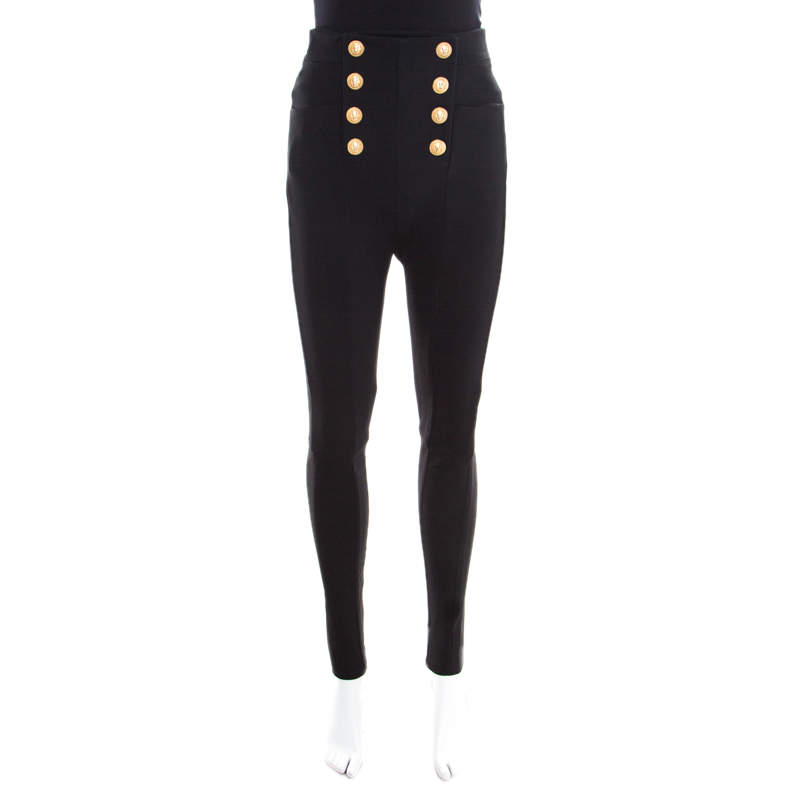 Balmain Black Knit Logo Button Detail High Waist Trousers M