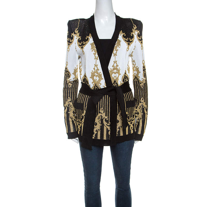 Balmain Black and Gold Jacquard Knit Cardigan M Balmain | The Luxury Closet