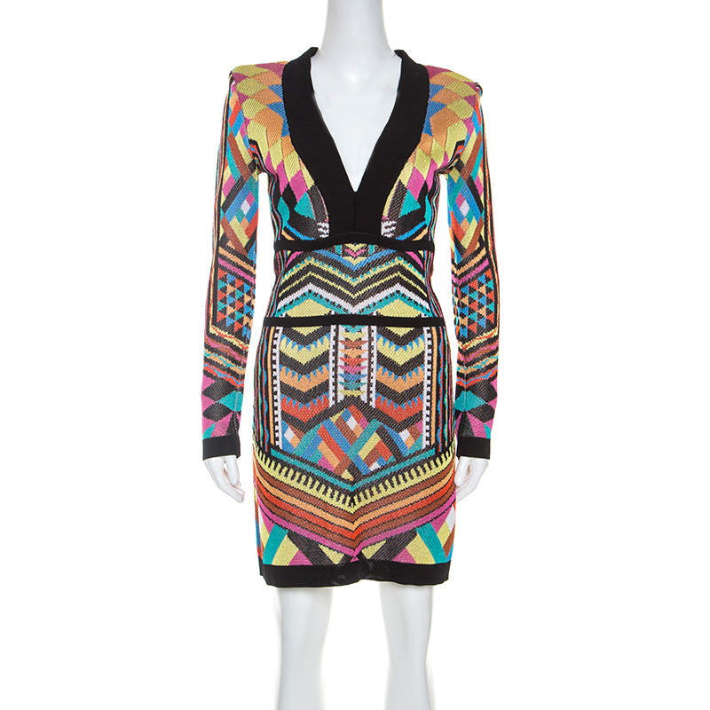 Balmain Multicolor Patterned Knit V-Neck Short Dress M