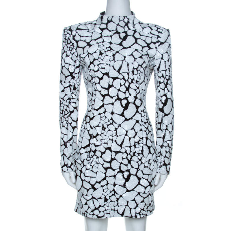 Pre Owned Balmain Monochrome Sequin Embellished Mini Dress M