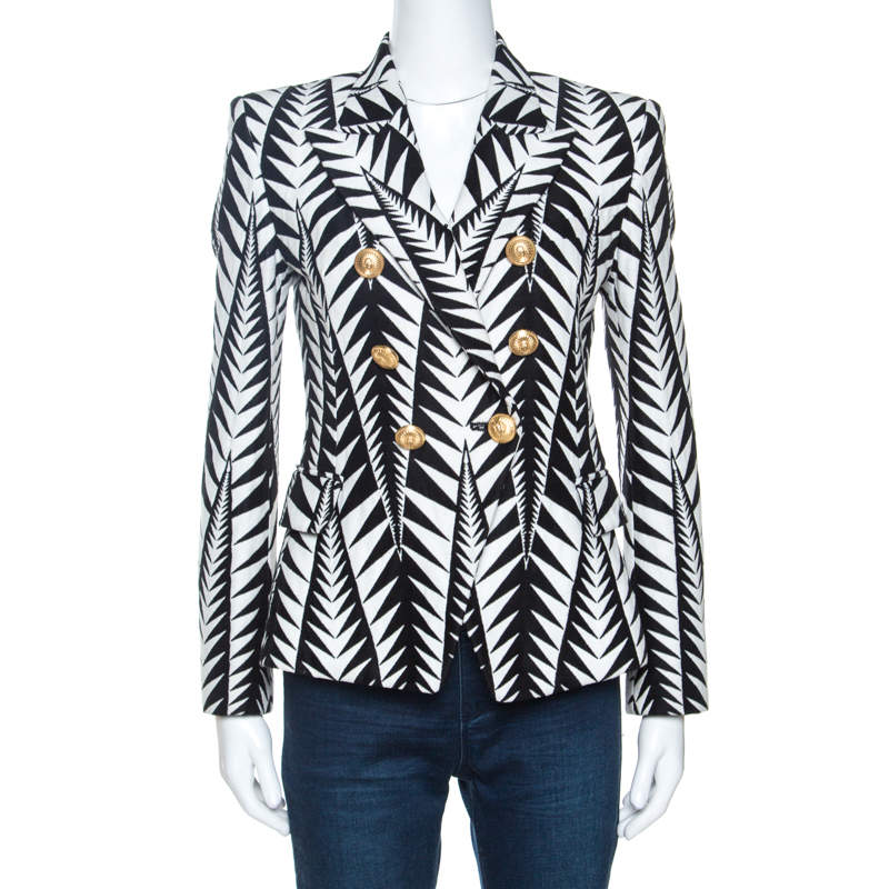 Pre Owned Balmain Monochrome Jacquard Geometric Pattern Double Breasted Jacket M