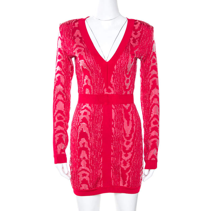 Pre Owned Balmain Red Moire Jacquard Knit Mini Dress S