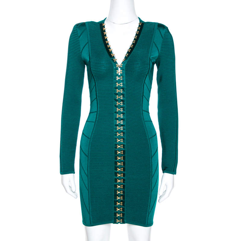 Balmain Green Rib Knit Hook & Eye Detail Mini Dress S