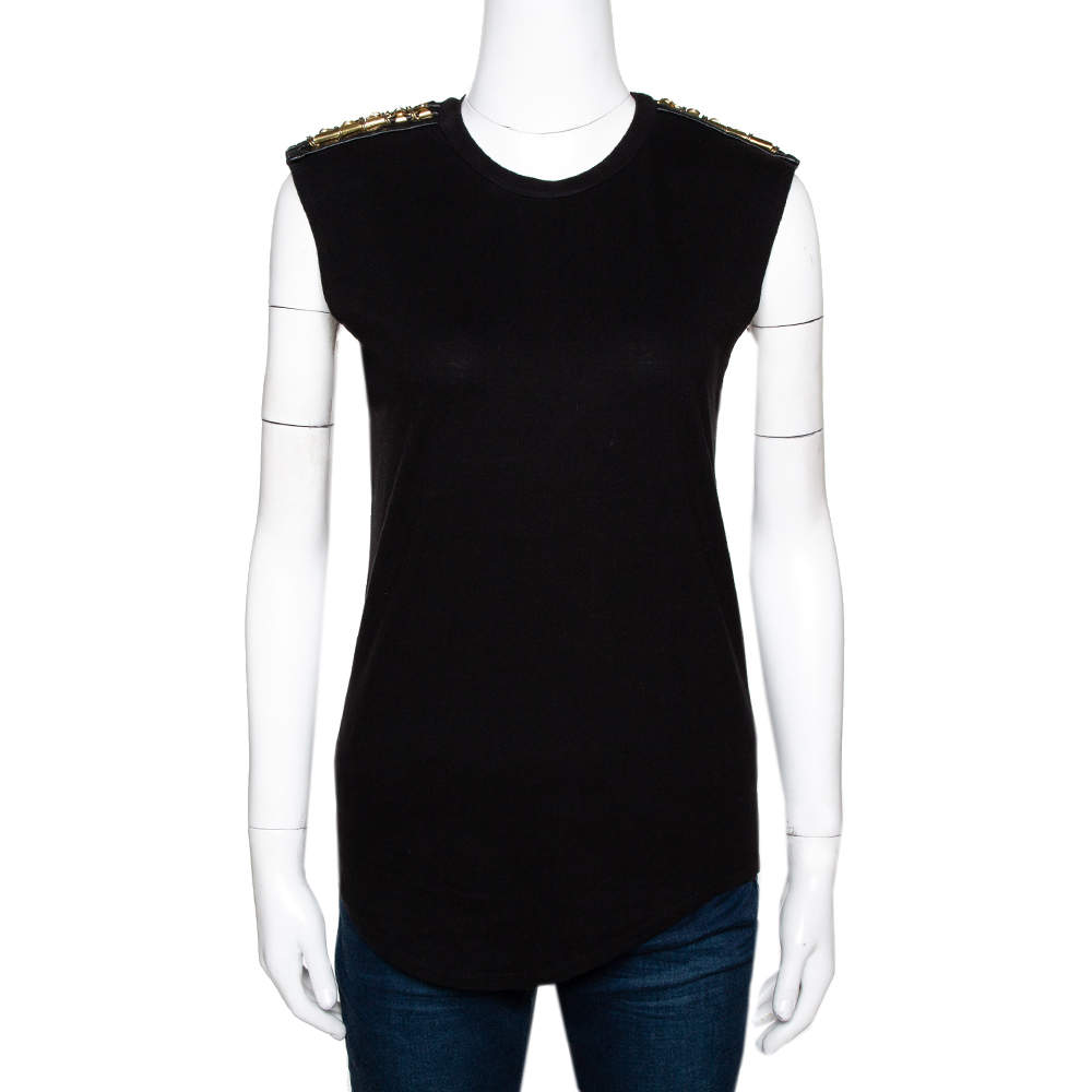 Pre Owned Balmain Black Cotton Metal & Leather Shoulder Trim Sleeveless T-Shirt S 
