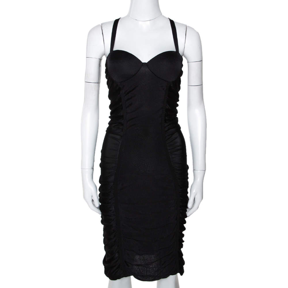 Balmain Black Stretch Knit Ruched Bustier Dress M