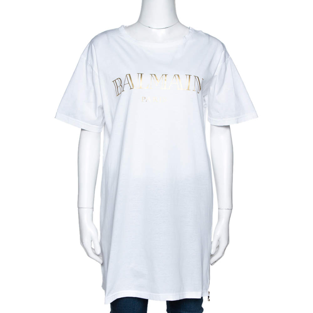Pre Owned Balmain White Logo Print Cotton Side Zip Detail Oversized T-Shirt L