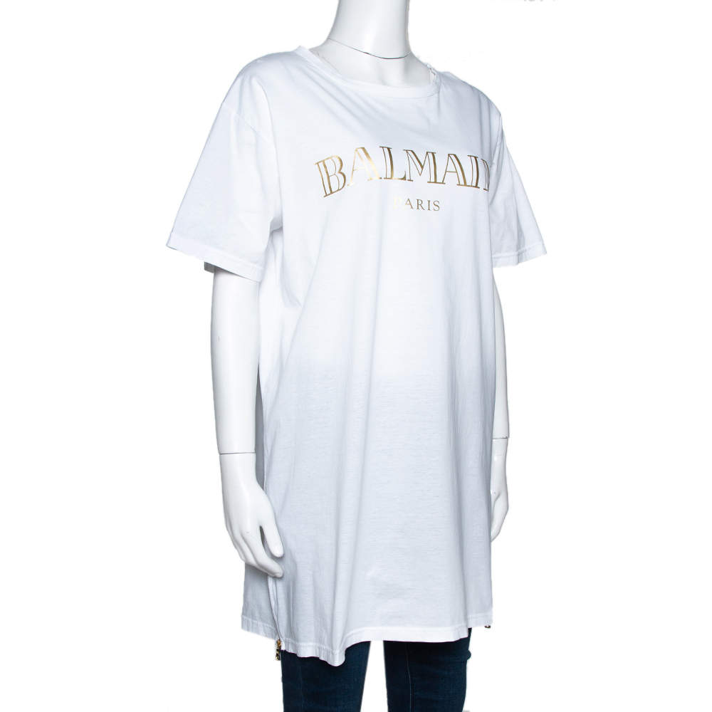 Balmain White Logo Print Cotton Side Zip Detail Oversized T-Shirt L