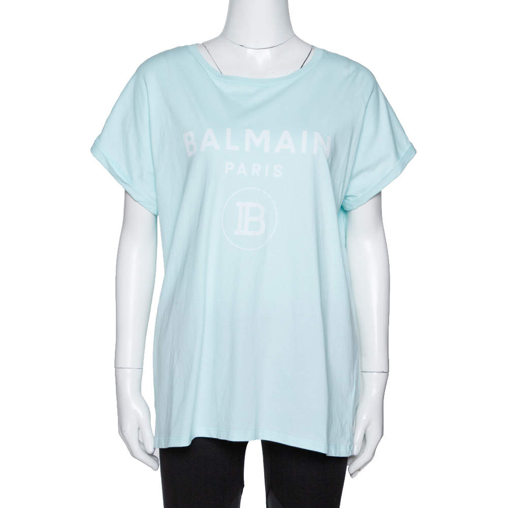 Pre Owned Balmain Light Blue Flock Logo Print Cotton Crew Neck T-Shirt L