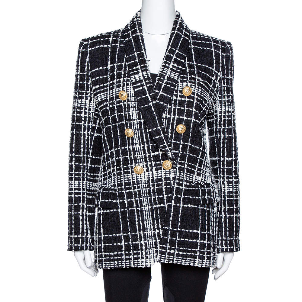 Pre Owned Balmain Monochrome Tweed Double Breasted Blazer M