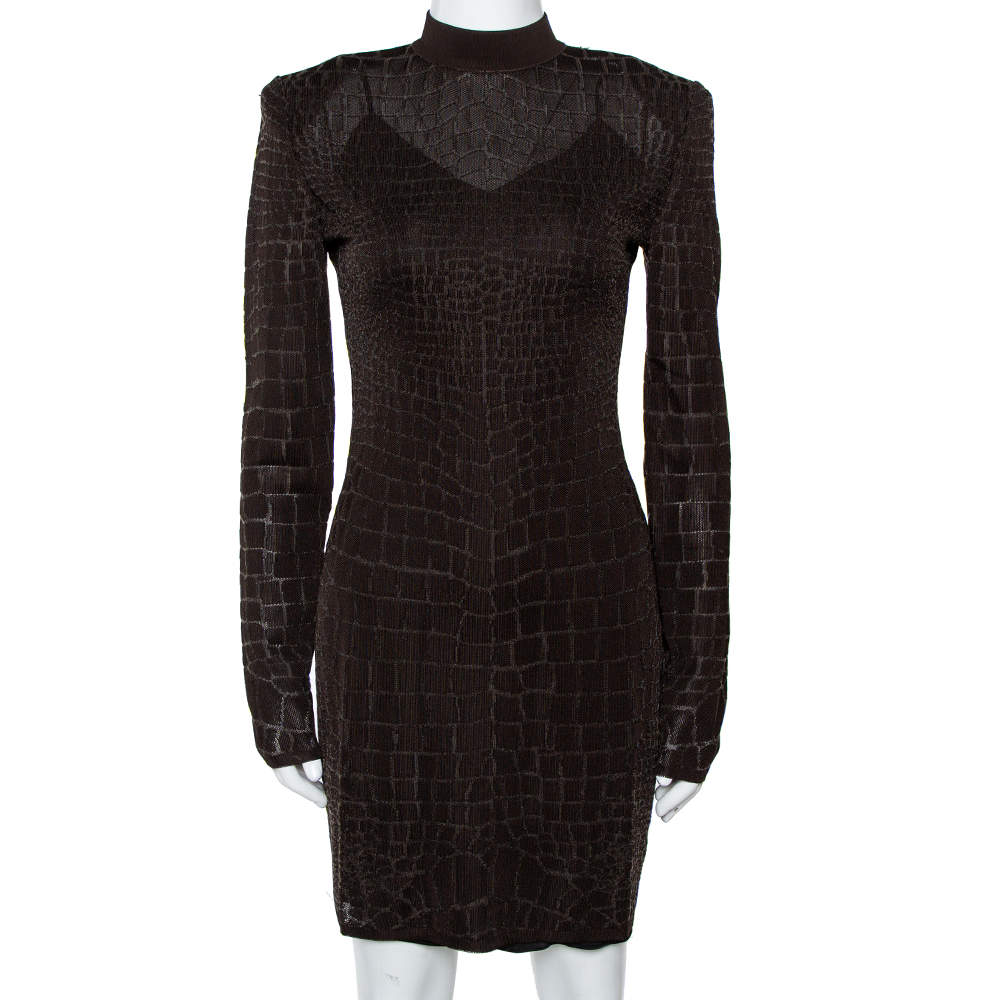 Pre Owned Balmain Brown Crocodile Effect Knit Fitted Mini Dress S