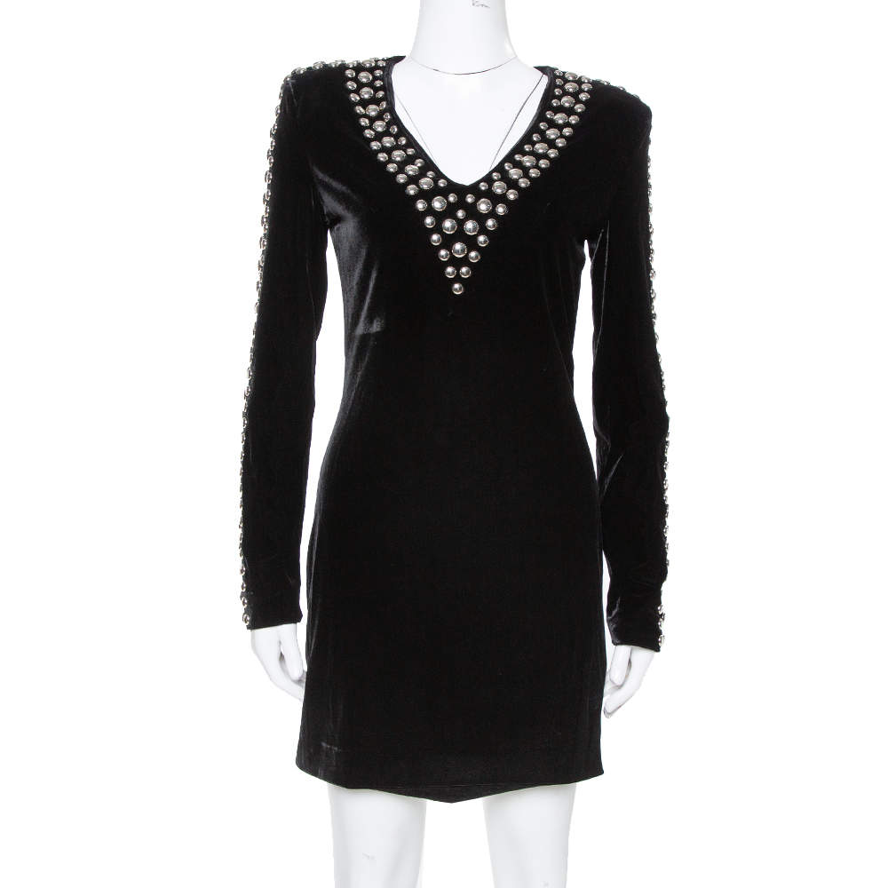 Pre Owned Balmain Black Velvet Studded Mini Dress M