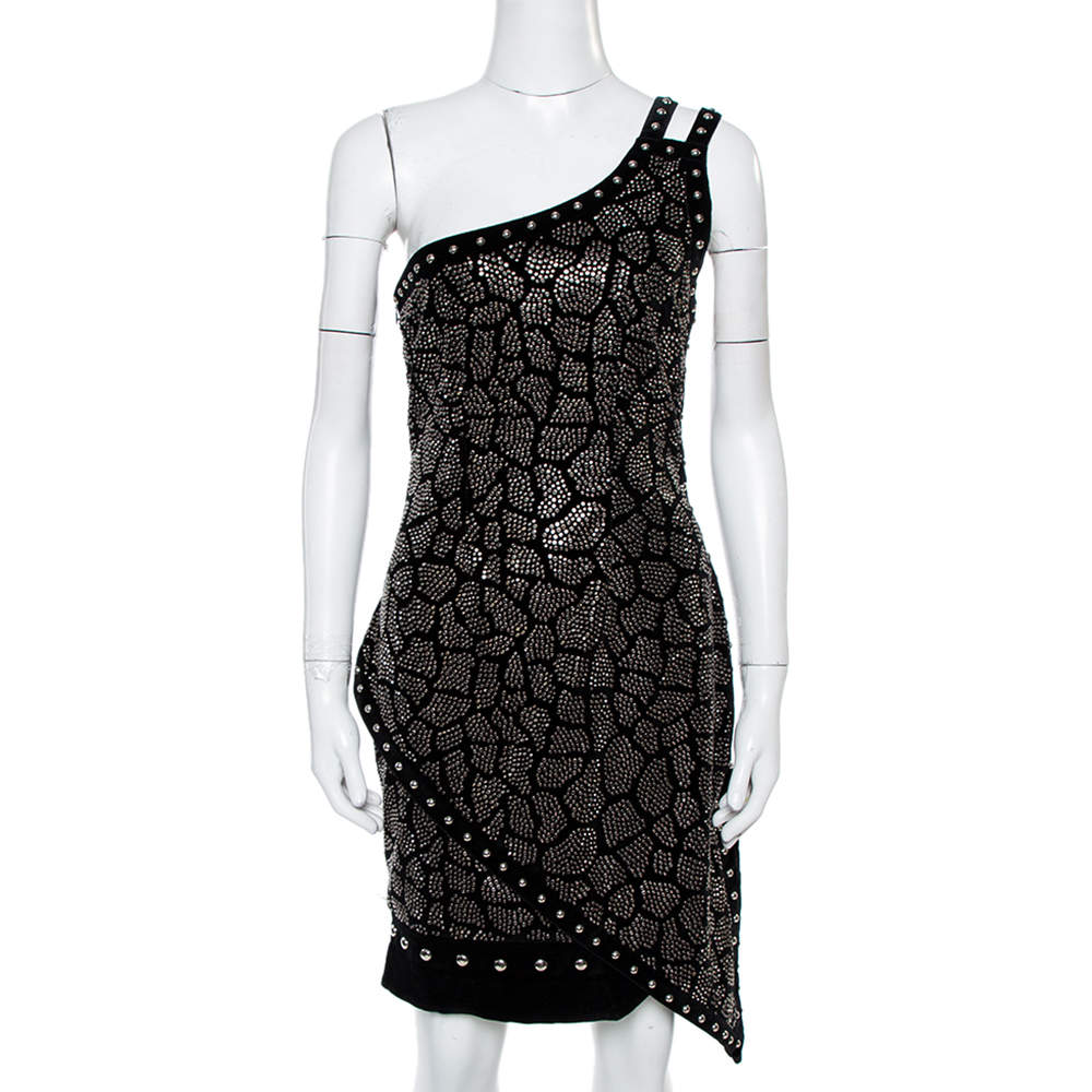 Pre Owned Balmain Black Velvet Stud Embellished One Shoulder Mini Dress L