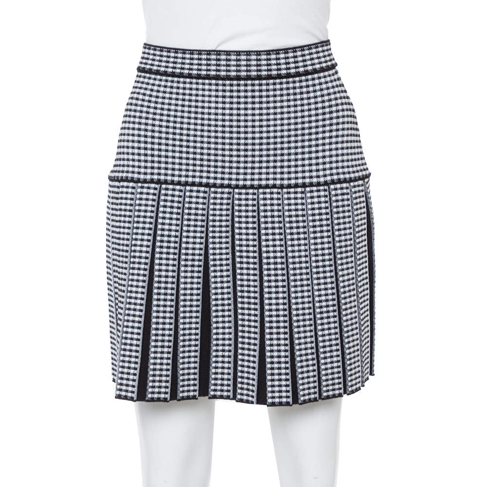 Balmain Monochrome Gingham Knit Pleated Structured Skirt S