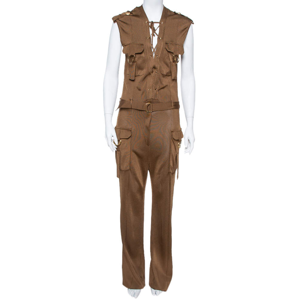 Balmain Metallic Brown Stretch Knit Sleeveless Safari Jumpsuit L 