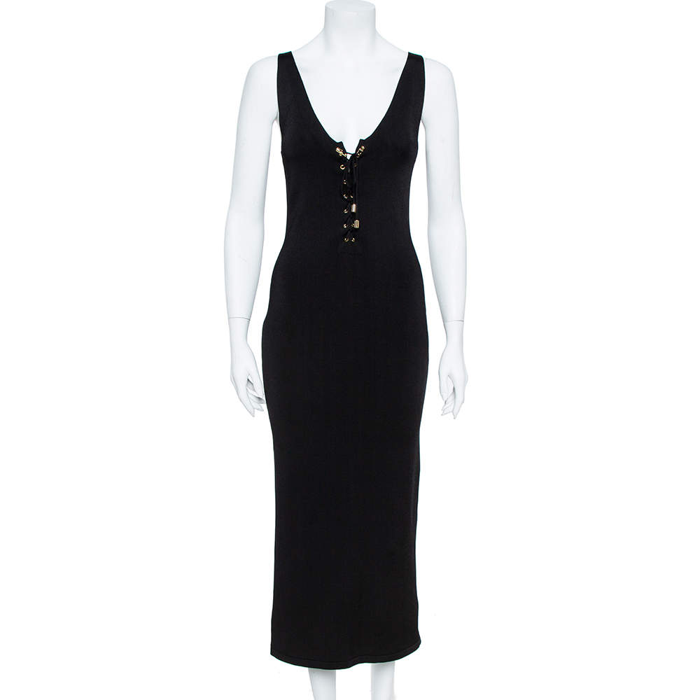 Pre Owned Balmain Black Stretch Knit Lace-up Midi Dress M