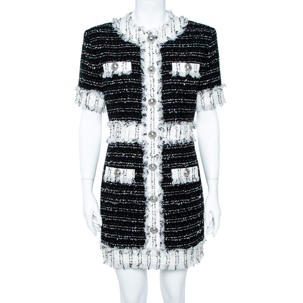 Pre Owned Balmain Monochrome Cotton Blend Tweed Mini Dress L