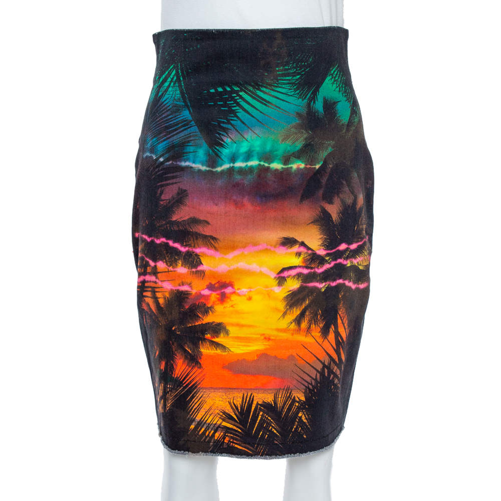 Pre Owned Balmain Black Sunset Printed Denim High Waist Skirt M