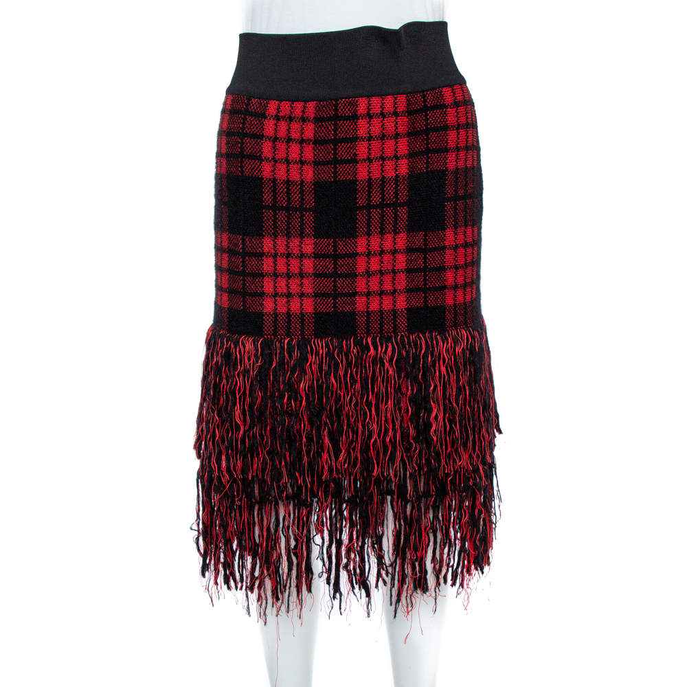 Pre Owned Balmain Red/Black Checkered Tweed Fringe Skirt M