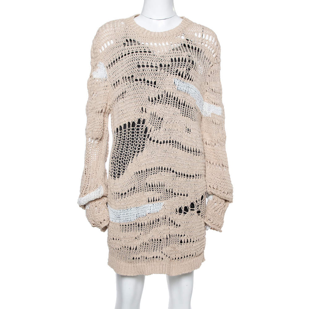 Balmain Beige & White Distressed Linen Knit Crew Neck Sweater M