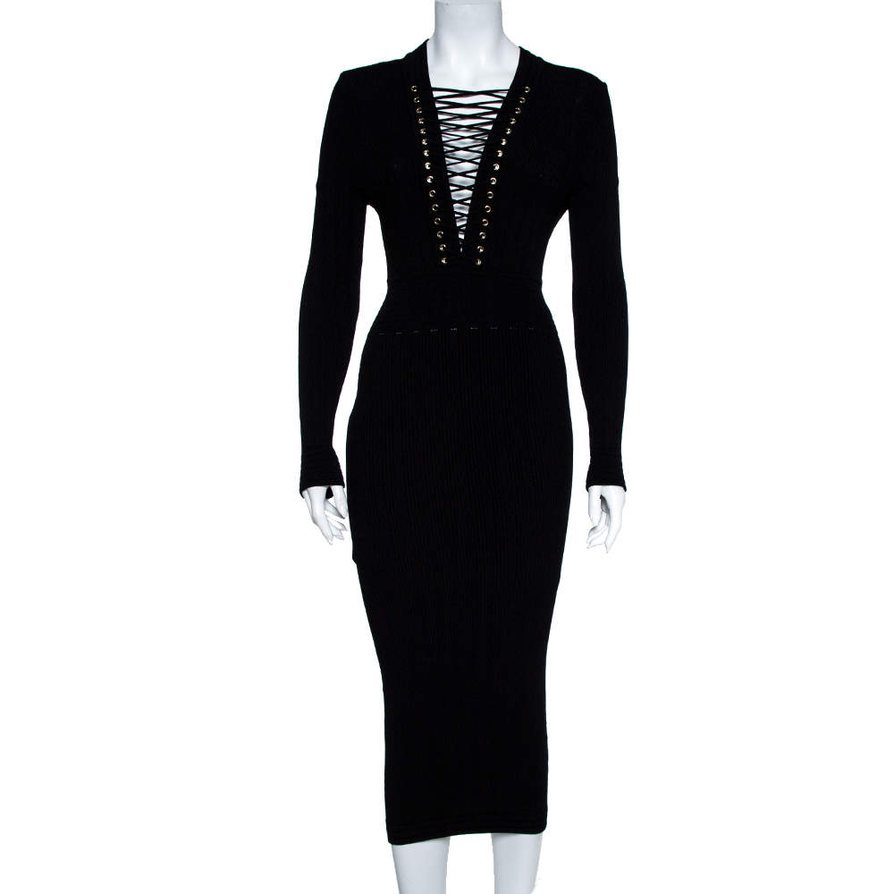 Balmain Black Rib Knit Lace Up Neckline Fitted Dress S