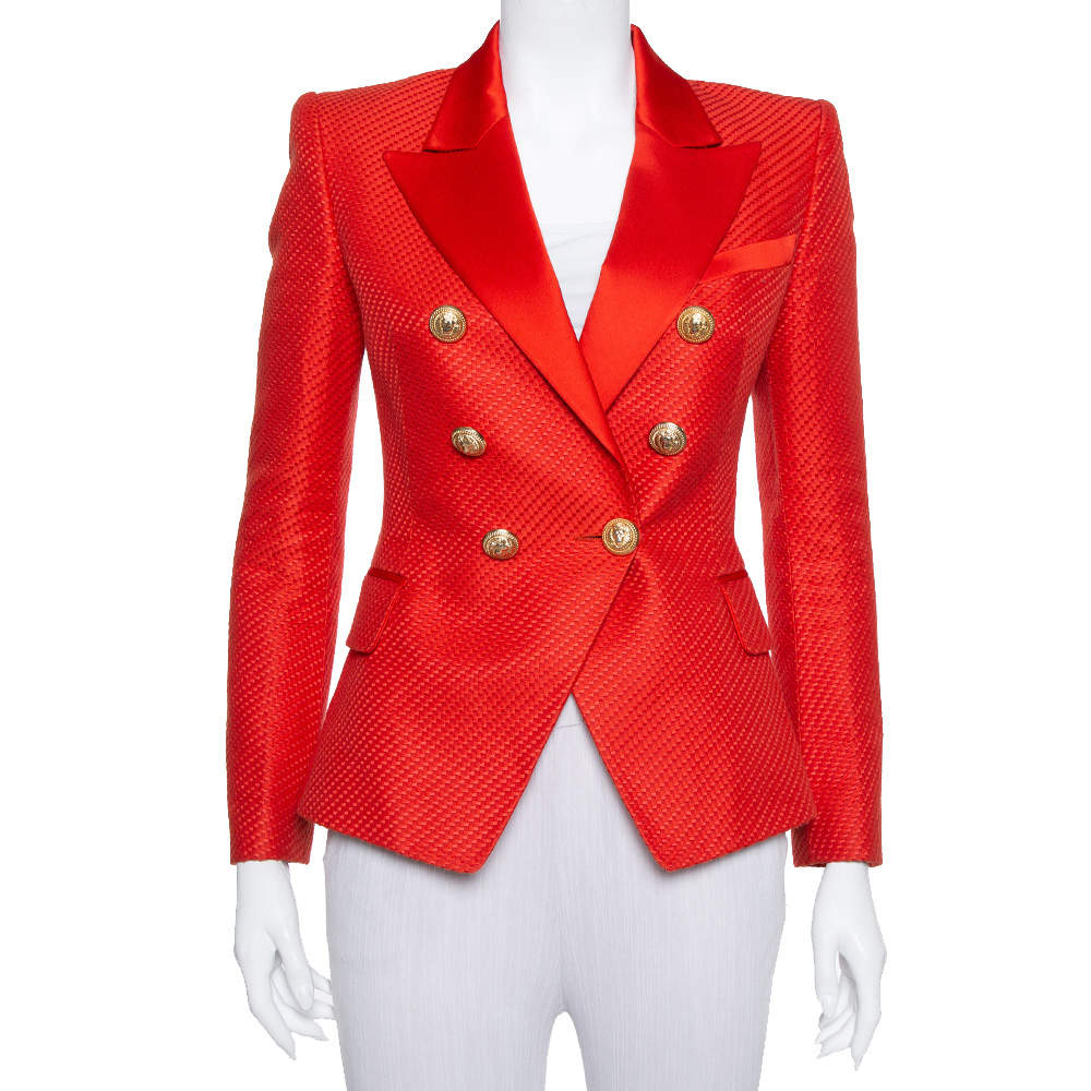 Pre Owned Balmain Red Textured Cotton & Silk Double Breasted Blazer M