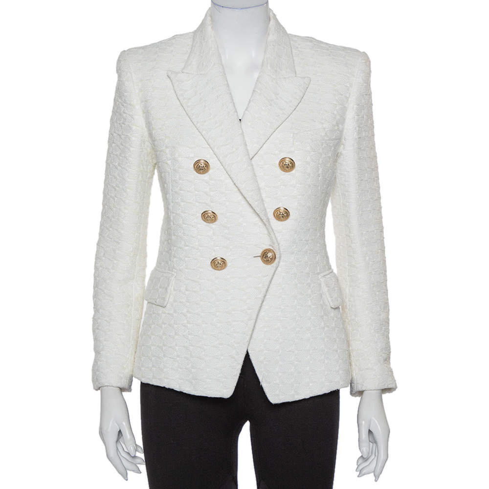 Pre Owned Balmain Off White Tweed Double Breasted Blazer L
