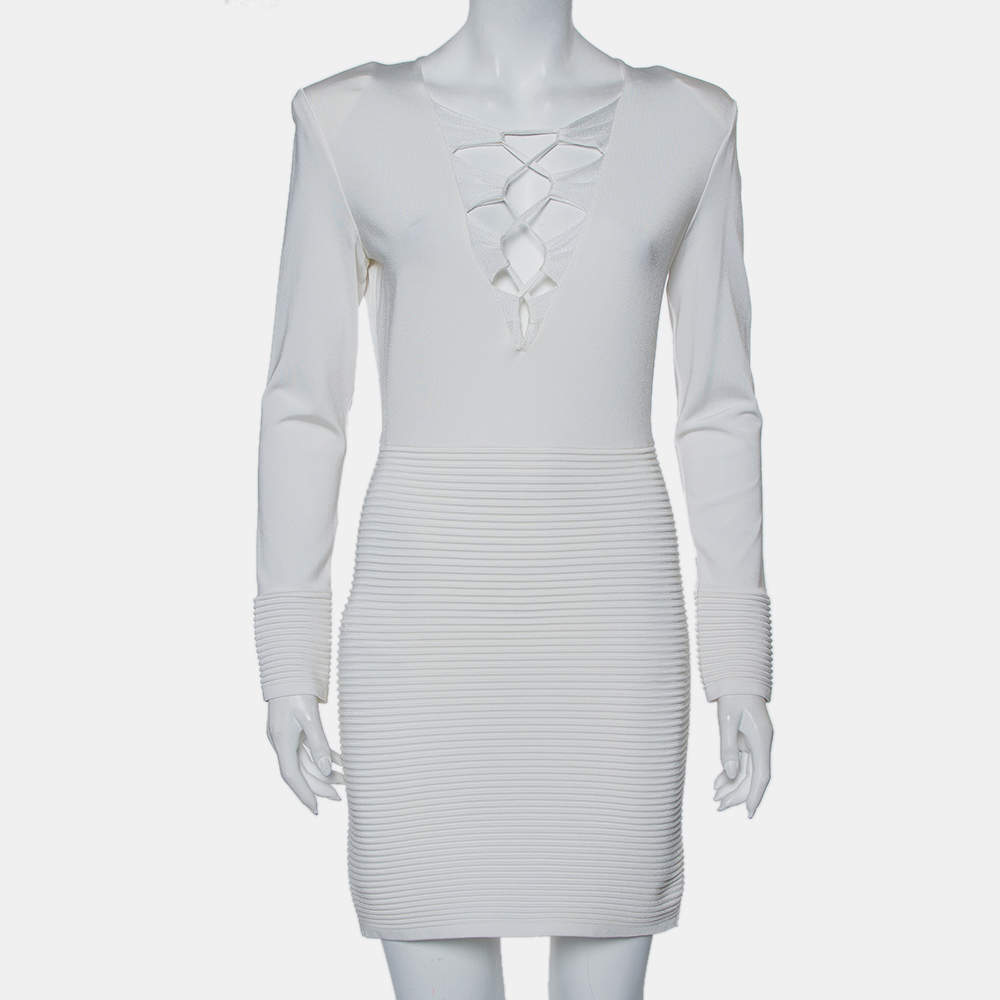 Balmain White Textured Knit Lace Up Tie Detail Mini Dress M