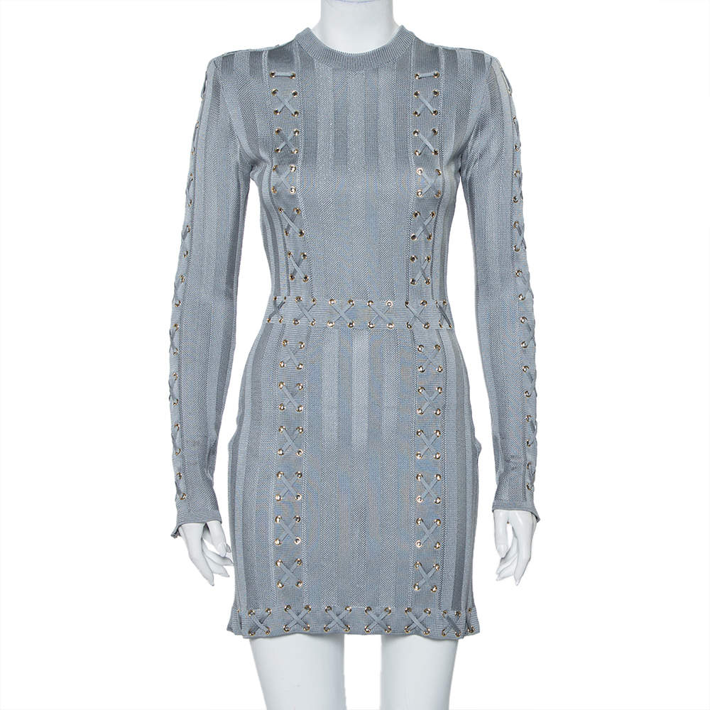 Pre Owned Balmain Grey Knit Lace Up Detail Mini Dress M