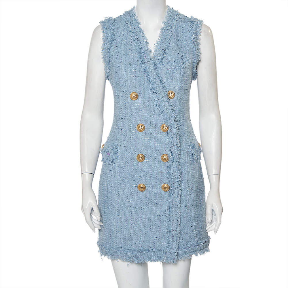 Pre Owned Balmain Powder Blue Tweed Double Breasted Sleeveless Mini Dress M