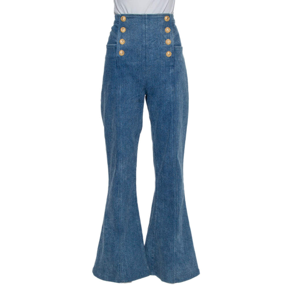 Balmain Blue Denim High Waist Paneled Bootcut Jeans L