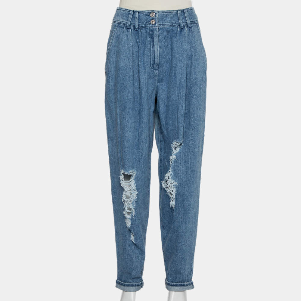 Balmain Blue Denim High Waist Destroyed Jeans M